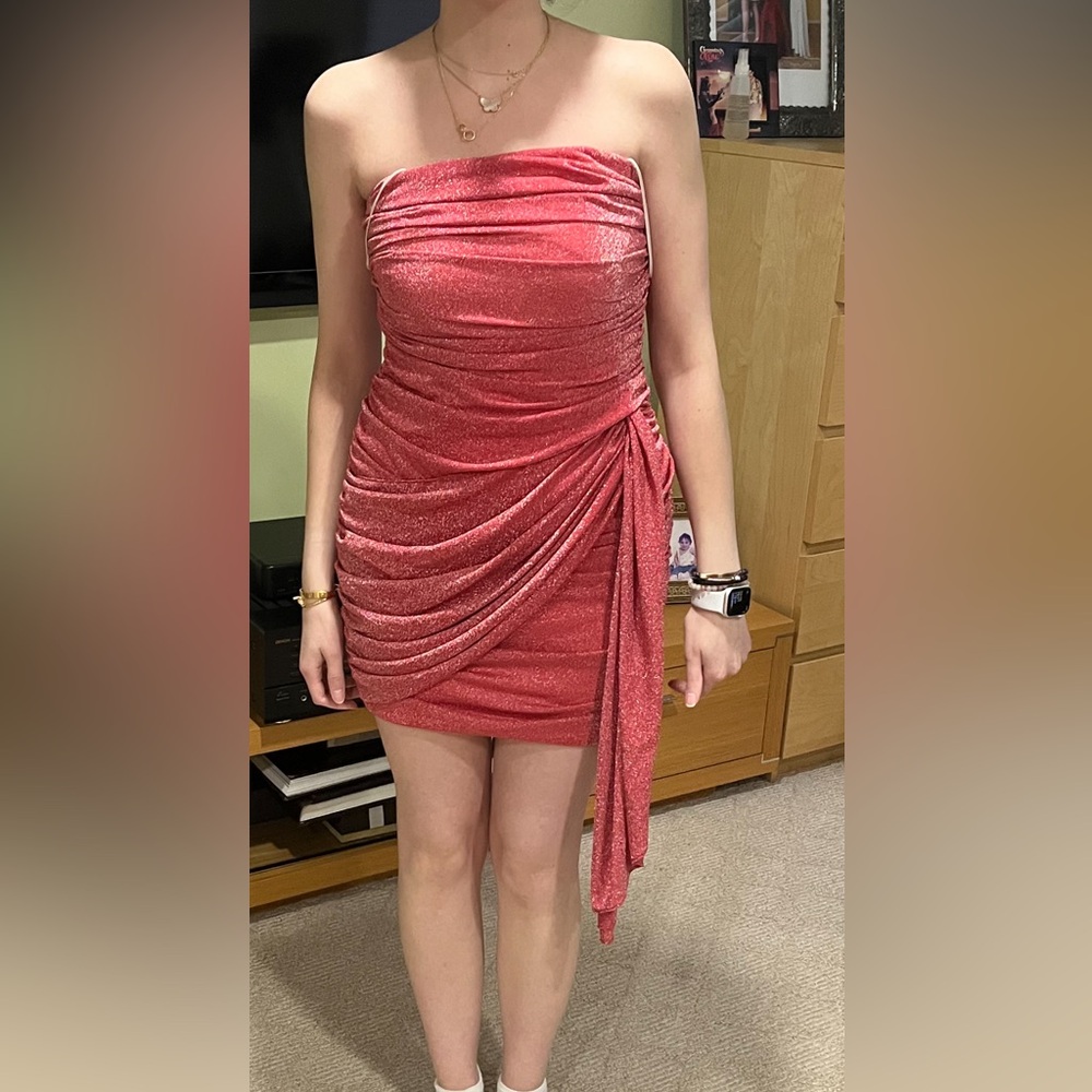 Sparkly pink strapless mini dress